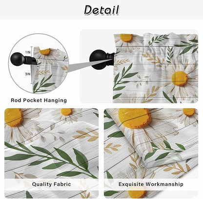 Spring Daisy Tier Curtains, Farmhouse Country Flower Leaf Plant Wood Grain Light Filtering Kitchen Curtains, 2Pcs Rod Pocket Half Window Treatments Panels for Sink Cafe Cabinet Camper 27.5x24 Inches