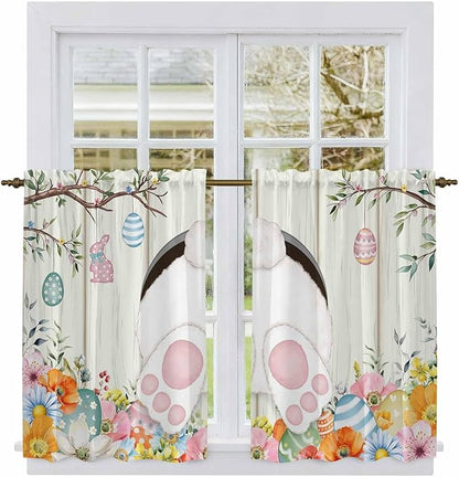 Easter Kitchen Tier Curtains 45 Inch Long 2 Panel Set,Rod Pocket Short Window Treatment,Spring Farmhouse Watercolor Bunny Eggs Wood Grain Light Filtering Curtains & Drapes for Bathroom 27.5"W x 45"L