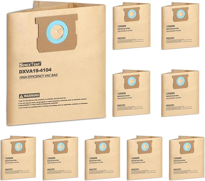SpaceTent 10 Pack DXVA19-4104 High Efficiency Replacement Filter Bags for DEWALT 5 to 8 Gallon Wet/Dry Vacs - Part # DEWALT DXVA19-4104