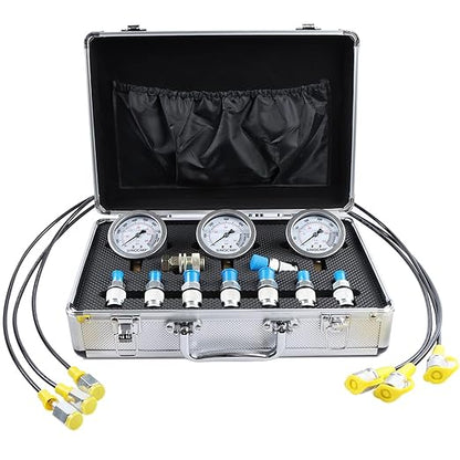 SINOCMP Hydraulic Pressure Test Kit with 3 Gauges 25/40/60 Mpa, 9 Couplings, 3 Test Hoses, Hydraulic Gauge Tester Set for Excavator Construction Machinery