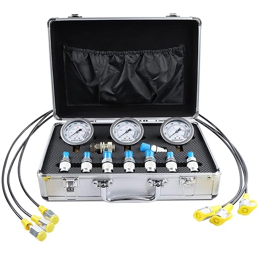 SINOCMP Hydraulic Pressure Test Kit with 3 Gauges 25/40/60 Mpa, 9 Couplings, 3 Test Hoses, Hydraulic Gauge Tester Set for Excavator Construction Machinery