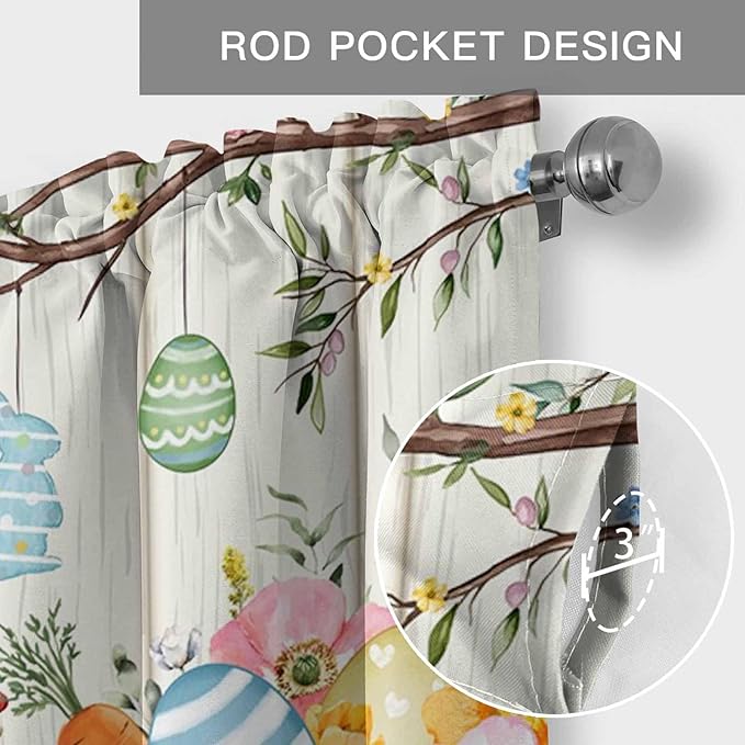 Easter Curtain Valances for Windows, Kitchen Valance Window Treatment, Spring Farmhouse Watercolor Bunny Eggs Wood Grain Light Filtering Block Curtains for Bathroom/Bedroom/Living Room 54'' x 18''