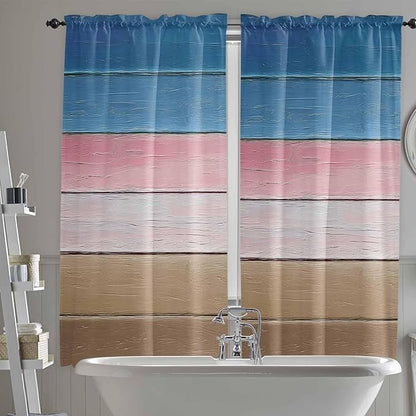 Blue Pink Brown Gradient Wood Grain Window Valance Curtains, Vintage Wood Board Light Filtering Kitchen Valance with 3-inch Rod Pocket for Living Room Bathroom Bedroom,2 Panel,52x72In