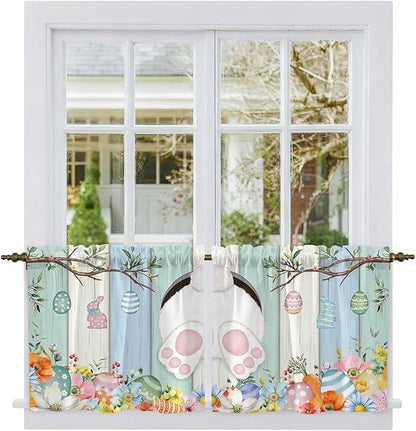 Easter Kitchen Tier Curtains 24 Inch Long 2 Panel Set,Rod Pocket Cafe Small Window Curtains Over Sink,Spring Watercolor Bunny Eggs Wood Grain Teal Blue Light Filtering Short Drapes 27.5"W x 24"L