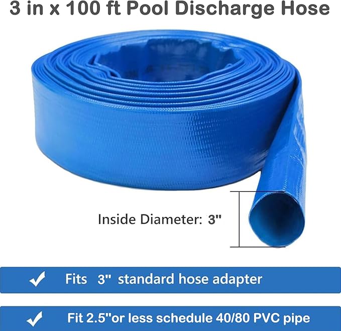 3” Diameter x 100' Blue Backwash Hose for Swimming Pools, Heavy Duty Discharge Hose Reinforced Pool Drain Hose, PVC Lay-Flat Draining Hoses Ideal for Water Transferring