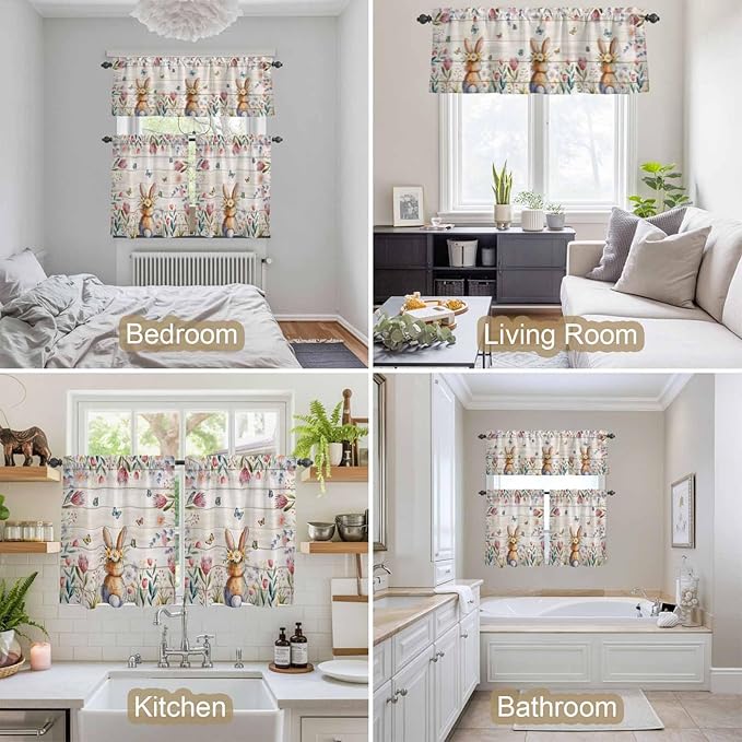 Kitchen Curtains Tiers and Valance Set of 3, Easter Light Filtering Window Curtain Set, Spring Bunny Butterfly Botanical Wooden Grain Rod Pocket Curtain Drapes for Cafe, Living Room, 36 Inches Tiers