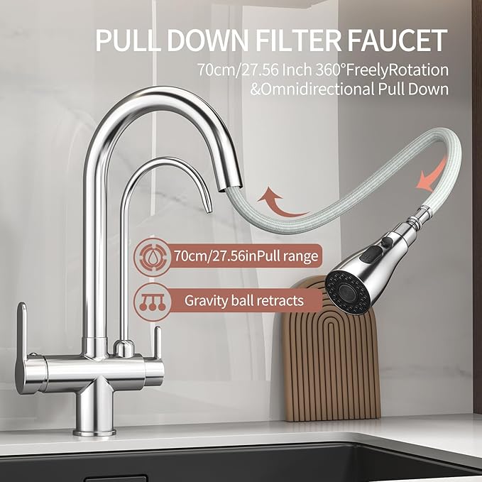 Kitchen Sink Faucet with Pull - Down Sprayer, 2 - Handle 3 - in - 1 Kitchen Sink Filter Faucet, Cold and Hot Mixer Drinking Water Faucet (3-in-1 Filter Faucet, Chrome)