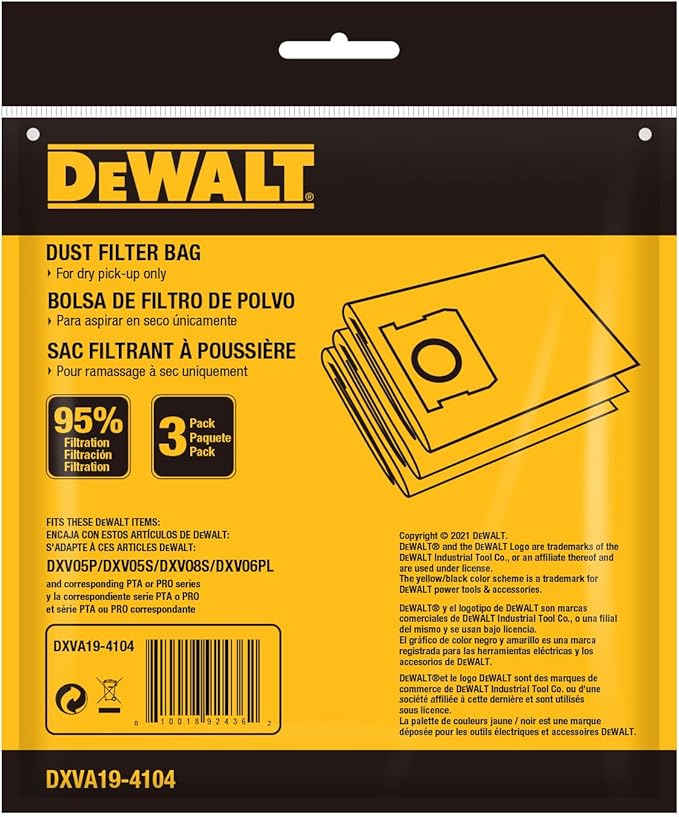 DEWALT DXVA19-4104 Dust Filter Bags, High Efficiency Replacement Bags for DEWALT Wet Dry Vac 5-8 Gallon, Wet Dry Vac Accessories, Dust Collection Bag Vacuum Bag (3-Pack)