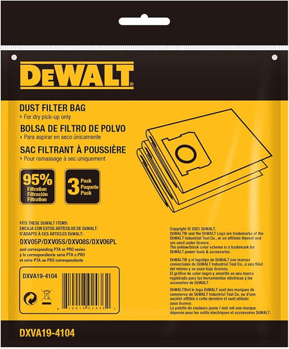DEWALT DXVA19-4104 Dust Filter Bags, High Efficiency Replacement Bags for DEWALT Wet Dry Vac 5-8 Gallon, Wet Dry Vac Accessories, Dust Collection Bag Vacuum Bag (3-Pack)