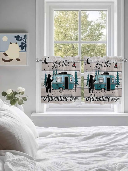 Farmhouse Bear Camper Van Tree Window Valance Curtains, Vintage Wood Grain Light Filtering Kitchen Valance with 3-inch Rod Pocket for Living Room Bathroom Bedroom,2 Panel,27.5x36In