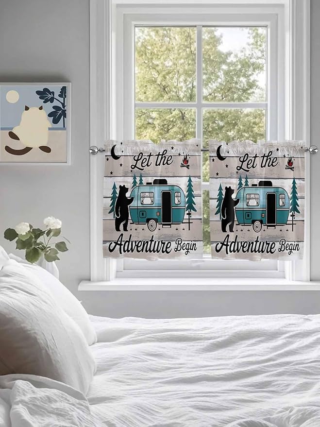 Farmhouse Bear Camper Van Tree Window Valance Curtains, Vintage Wood Grain Light Filtering Kitchen Valance with 3-inch Rod Pocket for Living Room Bathroom Bedroom,2 Panel,27.5x24In