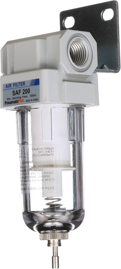 PneumaticPlus SAF200-N02B Miniature Compressed Air Particulate Filter 1/4" NPT - Poly Bowl, Manual Drain, Bracket (Pack of 2)