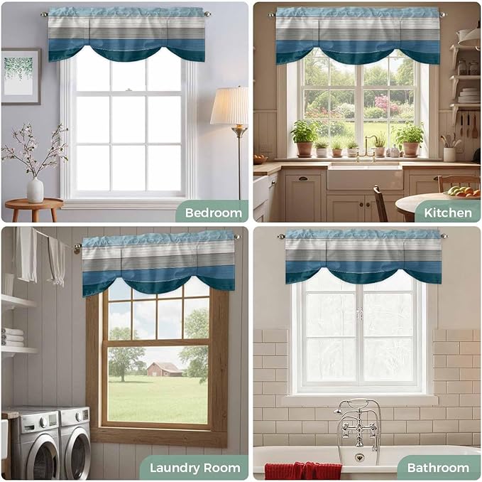Blue Ombre Wooden Tie Up Valance Curtains for Windows, Kitchen Curtains Window Shades, Farmhouse Retro Wood Gradient Light Filtering Roman Curtain Valances for Bedroom/Bathroom/Cafe 42"x12"