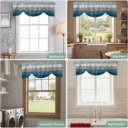Blue Ombre Wooden Tie Up Valance Curtains for Windows, Kitchen Curtains Window Shades, Farmhouse Retro Wood Gradient Light Filtering Roman Curtain Valances for Bedroom/Bathroom/Cafe 42"x12"