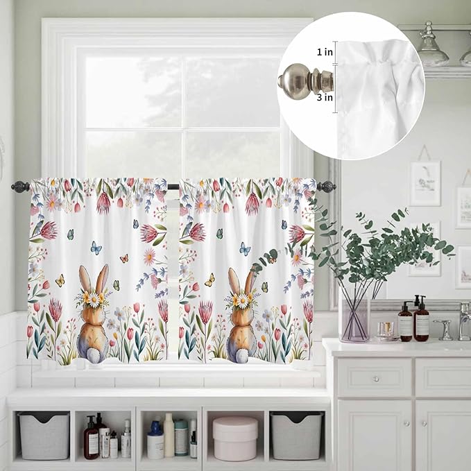 Kitchen Curtains Tiers and Valance Set of 3, Easter Light Filtering Window Curtain Set, Spring Flowers Wreath Rabbit Budding Florals Rod Pocket Curtain Drapes for Cafe, Living Room, 36 Inches Tiers