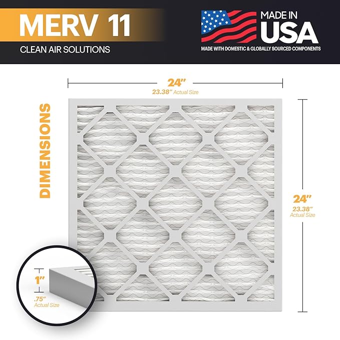 BNX TruFilter 24x24x1 Air Filter MERV 11 (4-Pack) - MADE IN USA – Air Conditioner AC Furnace Filters for Allergies, Dust, Pet, Smoke, Allergy MPR 1200 FPR 7 (Actual Size: 23.38 x 23.38 x 0.75 Inches)