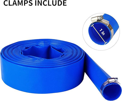 1" x 100 FT Pool Backwash Hose, Blue Heavy Duty Reinforced PVC Lay Flat Water Discharge Hose for Swimming Pool Filter Pump,with 2 Clamp