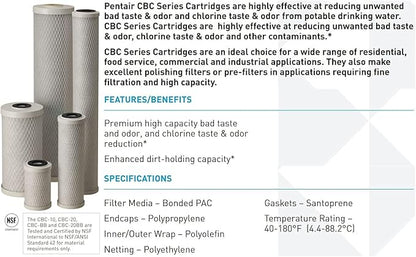 Pentair Pentek CBC-10 Carbon Water Filter, 10-Inch, Under Sink Carbon Block Replacement Cartridge with Bonded Powdered Activated Carbon (PAC) Filter, 10" x 2.5", 0.5 Micron, Pack of 2
