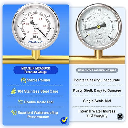 MEANLIN MEASURE -30inHG~0Psi Vacuum Gauge Stainless Steel 1/8" NPT 2" FACE DIAL Waterproof for Air Compressor HVAC Negative Pressure Hand Pump Pool Back Mount with 1/4" NPT and 3/8" NPT Hex Bushing