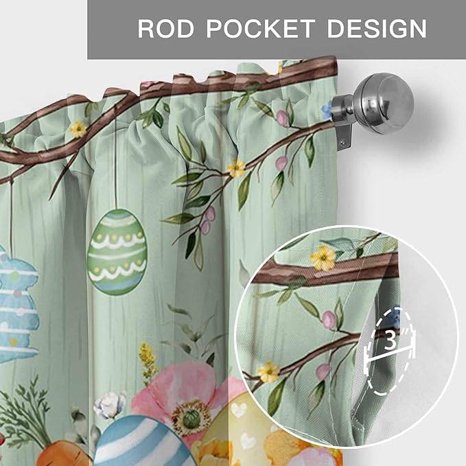 Easter Curtain Valances for Windows, Kitchen Valance Window Treatment, Spring Watercolor Bunny Eggs Wooden Grain Green Light Filtering Block Curtains for Bathroom/Bedroom/Living Room 42'' x 12''