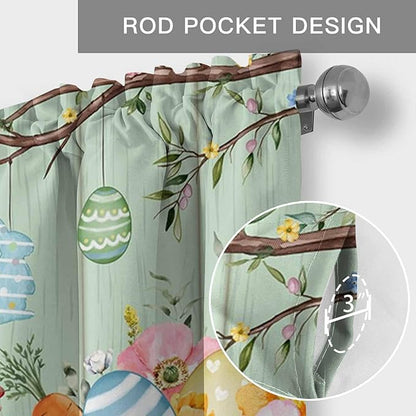 Easter Curtain Valances for Windows, Kitchen Valance Window Treatment, Spring Watercolor Bunny Eggs Wooden Grain Green Light Filtering Block Curtains for Bathroom/Bedroom/Living Room 42'' x 12''