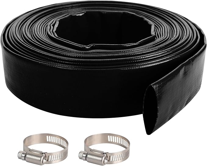 2" x 100 FT Pool Backwash Hose, Black Heavy Duty Reinforced PVC Lay Flat Water Discharge Hose for Swimming Pool Filter Pump,with 2 Clamp