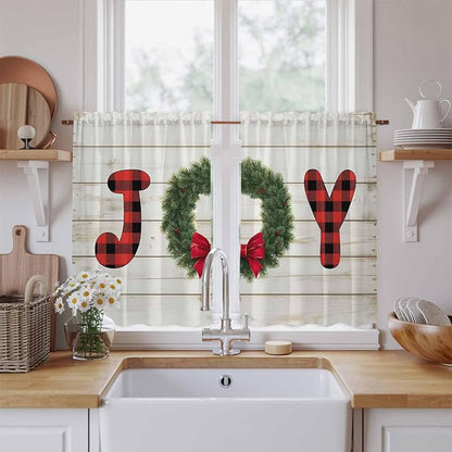 Christmas Wreaths Kitchen Tier Curtains 45 Inch Long 2 Panel Set,Rod Pocket Short Window Treatment,Winter Bow Plaid Farmhouse Wooden Grain Curtains & Drapes for Bathroom Basement 27.5"W x 45"L