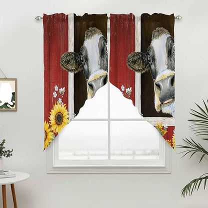 Cows Sunflowers Swag Valances for Windows, Rustic Farms Barns Flowers Bees Animals Rod Pocket Kitchen Curtains Valance, Small Window Curtains Swag for Cafe Bathroom Living Room, 2 Panels, 36x36 inch