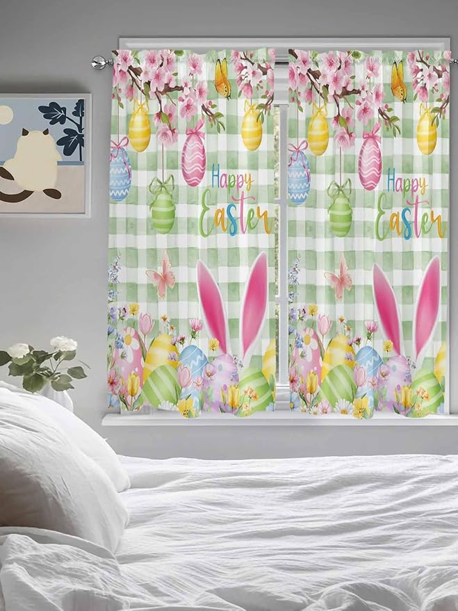 Happy Easter Living Room Curtains 72 Inches length, Spring Bunny Eggs Flower Sage Green Plaid Window Treatment Curtain Drapes, Light Filtering Drapes for Bedroom Laundry Room, 52"x72", 2 Panels