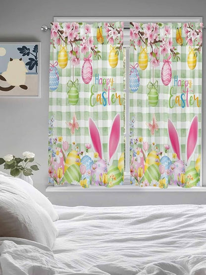 Happy Easter Living Room Curtains 72 Inches length, Spring Bunny Eggs Flower Sage Green Plaid Window Treatment Curtain Drapes, Light Filtering Drapes for Bedroom Laundry Room, 52"x72", 2 Panels