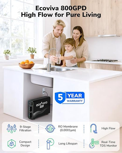 Ecoviva E8 800 GPD Reverse Osmosis Water Filter, 9-Stage Filtration RO System, Undersink Water Purifier, Reduces TDS, 2.5:1 Pure to Drain, Tankless, LED Smart Faucet