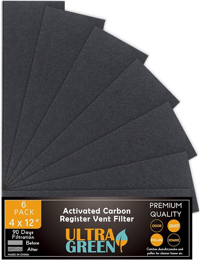 4 x 12 Inch Air Vent Filters Activated Charcoal Carbon Filter Premium Floor Pre-Filter Work in Indoor Home Purifier, Air Conditioner 4" x 12" 6-Pack (Black) ULTRA GREEN