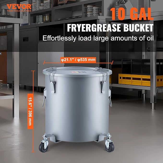 VEVOR 10 Gallon Fryer Grease Bucket, Oil Disposal Bucket Caddy on Wheels, Rust-proof Coated Carbon Steel Fryer Oil Transport Container with Filter Bag, Lid & Lock Clips for Cooking Oil Filtering