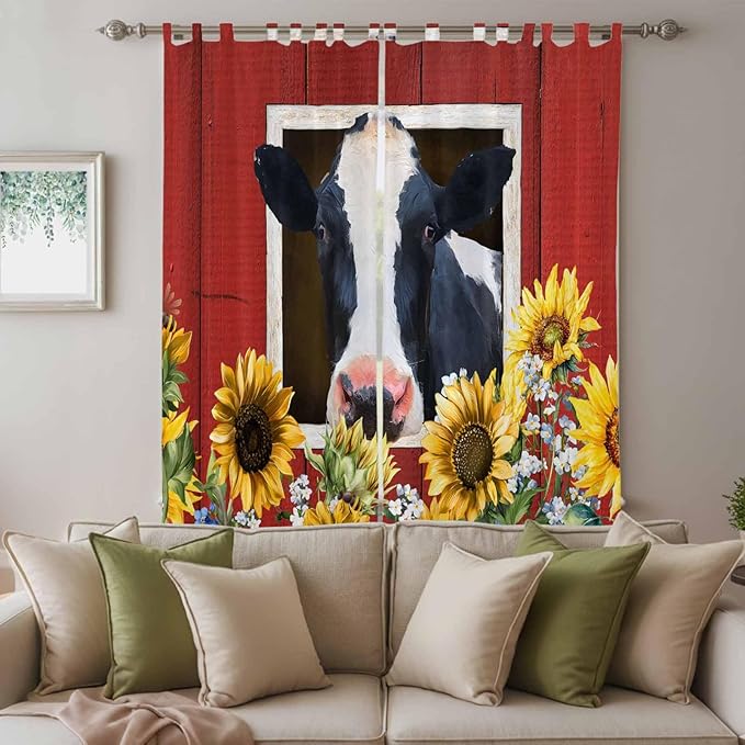 Cow Sunflowers Living Room Curtains 84 Inch Length, Window Curtains Tab Top, Botanical Floral Leaves Bees Farm Barn Light Filtering Window Treatments Drapes 52"x84" 2 Panel