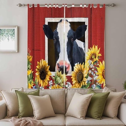 Cow Sunflowers Living Room Curtains 96 Inch Length, Window Curtains Tab Top, Botanical Floral Leaves Bees Farm Barn Light Filtering Window Treatments Drapes 52"x96" 2 Panel