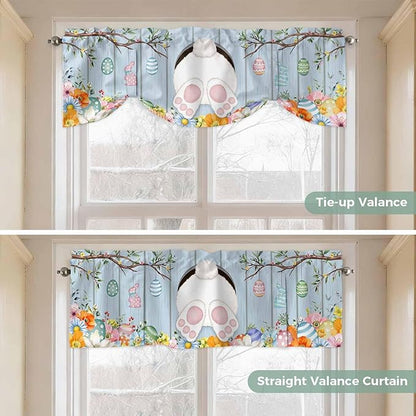 Easter Tie Up Valance Curtains for Windows, Kitchen Curtains Window Shades, Spring Watercolor Bunny Eggs Flower Wood Grain Blue Light Filtering Roman Curtain Valances for Bedroom/Bathroom/Cafe 54"x18"