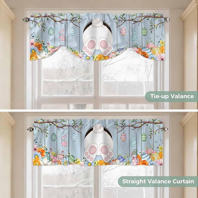 Easter Tie Up Valance Curtains for Windows, Kitchen Curtains Window Shades, Spring Watercolor Bunny Eggs Flower Wood Grain Blue Light Filtering Roman Curtain Valances for Bedroom/Bathroom/Cafe 60"x18"