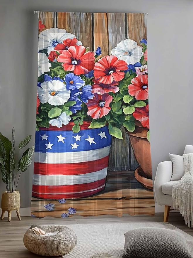 Sheer Curtains 84 Inches Long, Red Blue Flower Semi Sheer Curtains Light Filtering Window Treatment, Retro Independence Day Flag Wood Grain Privacy Voile Drapes for Living Room Bedroom 52x84 Inch