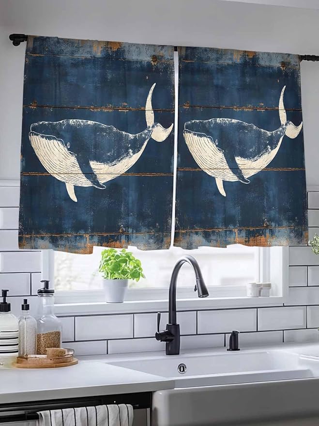Sheer Curtains 45 Inch Length, Summer Whale Blue Semi Sheer Curtains Light Filtering Window Treatment, Coastal Ocean Vintage Wooden Grain Privacy Voile Drapes for Living Room Bedroom 52x45 Inch