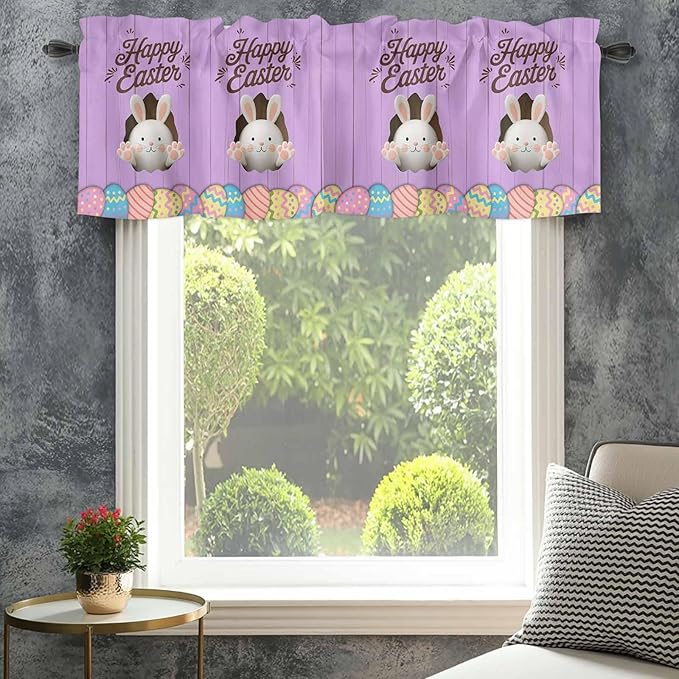 Purple Easter Curtain Valances for Windows, Kitchen Valance Window Treatment, Spring Cartoon Bunny Colorful Eggs Wood Grain Light Filtering Block Curtains for Bathroom/Bedroom/Living Room 60'' x 18''