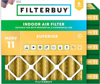 Filterbuy 25x25x4 Air Filter MERV 11 Superior Pet & Allergy Defense (6-Pack), Electrostatic Pleated HVAC AC Furnace Filters Replacement, Made in USA (Actual Size: 24.50 x 24.50 x 3.63)