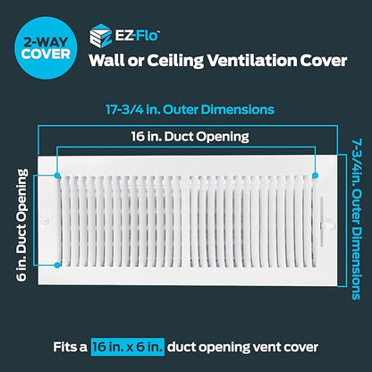 EZ-FLO 16 x 6 Inch (Duct Opening) Air Vent Cover for Wall or Ceiling, Two-Way Ventilation Register, Solid Steel HVAC Register Cover, White, 61663