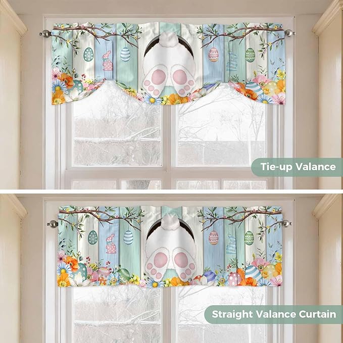 Easter Tie Up Valance Curtains for Windows, Kitchen Curtains Window Shades, Spring Watercolor Bunny Eggs Wood Grain Teal Blue Light Filtering Roman Curtain Valances for Bedroom/Bathroom/Cafe 54"x18"