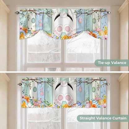 Easter Tie Up Valance Curtains for Windows, Kitchen Curtains Window Shades, Spring Watercolor Bunny Eggs Wood Grain Teal Blue Light Filtering Roman Curtain Valances for Bedroom/Bathroom/Cafe 54"x18"