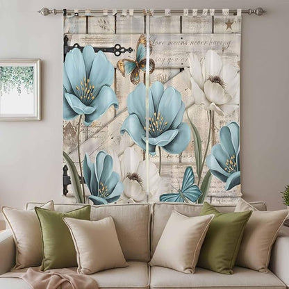 Teal Blue Tulips Living Room Curtains 96 Inch Length, Window Curtains Tab Top, Spring Floral Barn Doors Vintage Wood Beige Light Filtering Window Treatments Drapes 52"x96" 2 Panel