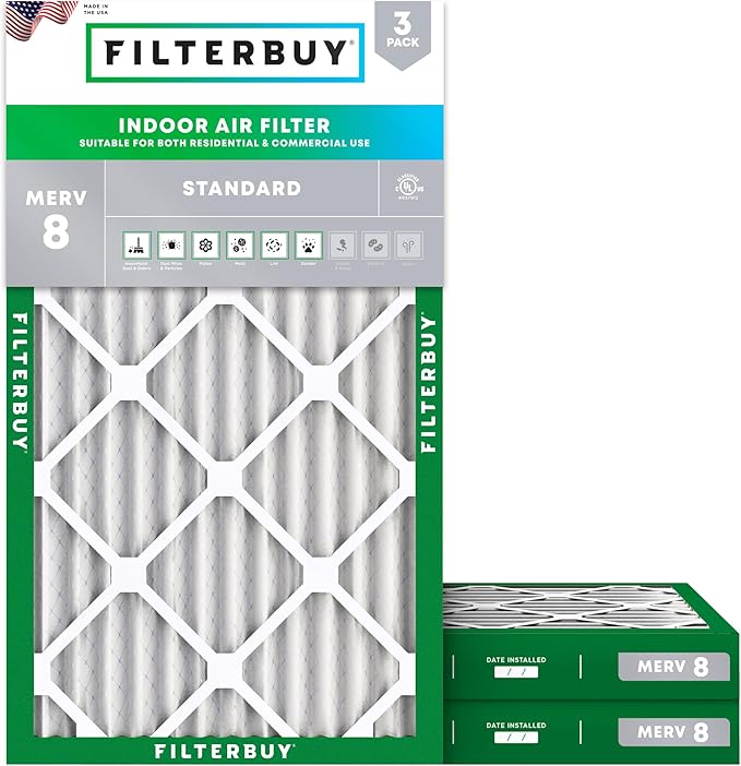Filterbuy 12x24x2 Air Filter MERV 8 Essential Dust & Allergy Defense (3-Pack), Electrostatic Pleated HVAC AC Furnace Filters Replacement, Made in USA (Actual Size: 11.38 x 23.38 x 1.75)