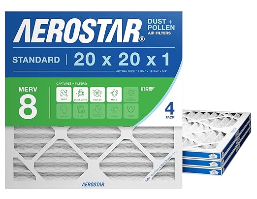 Aerostar 20x20x1 MERV 8 Air Filter, 4 Count, ACTUAL SIZE (19.75 x 19.75 x 0.75), HVAC, Air Conditioning & Furnace Filter Captures Dust, Lint & Pollen (MPR 600 / FPR 5), Made in USA