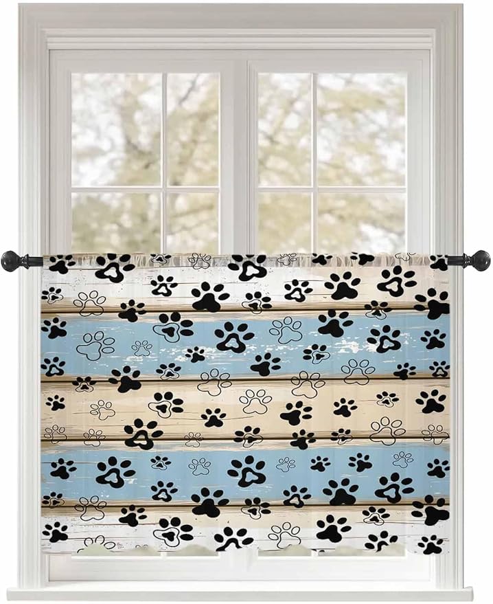 Sheer Curtains 54 Inch Length, Blue Beige Paw Print Semi Sheer Curtains Light Filtering Window Treatment, Vintage Farmhouse Rustic Wooden Grain Privacy Voile Drapes for Living Room Bedroom 52x54 Inch