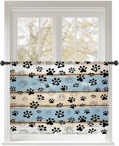 Sheer Curtains 54 Inch Length, Blue Beige Paw Print Semi Sheer Curtains Light Filtering Window Treatment, Vintage Farmhouse Rustic Wooden Grain Privacy Voile Drapes for Living Room Bedroom 52x54 Inch