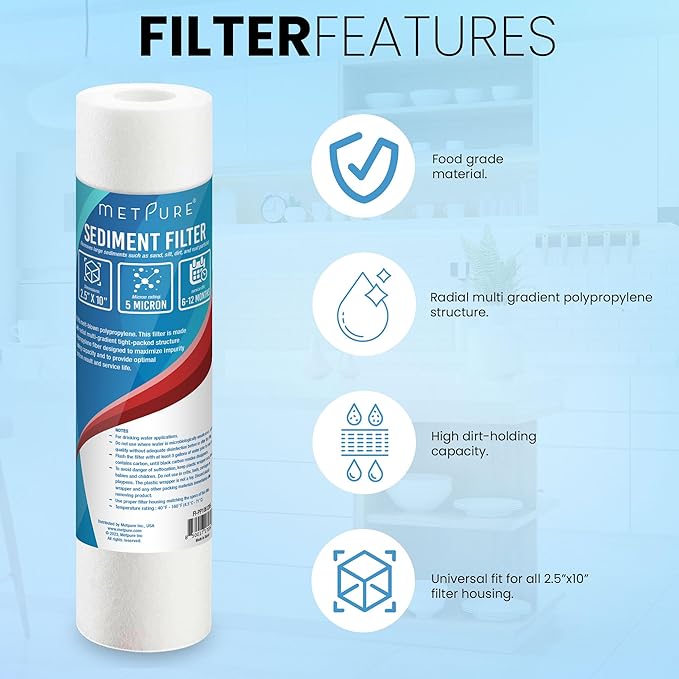 Metpure 6-Pack Sediment Filter 2.5"x10" 5 Micron Multi-Gradient Cartridge Replacement for Any Standard RO Drinking Water System, Whole House Filtration. Compatible with DuPont, Compatible with Pentek